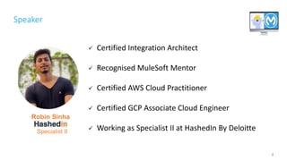 Speaker
 Certified Integration Architect
 Recognised MuleSoft Mentor
 Certified AWS Cloud Practitioner
 Certified GCP Associate Cloud Engineer
 Working as Specialist II at HashedIn By Deloitte
2
Robin Sinha
Specialist II
 