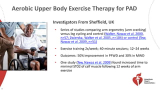 Aerobic Upper Body Exercise Therapy for PAD
Investigators From Sheffield, UK
• Series of studies comparing arm ergometry (arm cranking)
versus leg cycling and control (Walker, Nawaz et al. 2000,
n=57; Zwierska, Walker et al. 2005, n=104) or control (Tew,
Nawaz et al. 2009, n=51)
• Exercise training 2x/week; 40-minute sessions; 12–24 weeks
• Outcomes: 50% improvement in PFWD and 30% in MWD
• One study (Tew, Nawaz et al. 2009) found increased time to
minimal STO2 of calf muscle following 12 weeks of arm
exercise
15
 