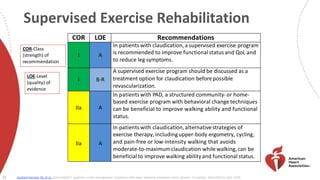 COR LOE Recommendations
I A
In patients with claudication, a supervised exercise program
is recommended to improve functional status and QoL and
to reduce leg symptoms.
I B-R
A supervised exercise program should be discussed as a
treatment option for claudication beforepossible
revascularization.
IIa A
In patientswith PAD, a structured community- or home-
based exercise program with behavioral change techniques
can be beneficial to improve walking ability and functional
status.
IIa A
In patientswith claudication,alternativestrategies of
exercise therapy, includingupper-body ergometry, cycling,
and pain-free or low-intensity walking that avoids
moderate-to-maximumclaudication while walking,can be
beneficial to improve walking abilityand functional status.
COR-Class
(strength) of
recommendation
LOE-Level
(quality) of
evidence
Supervised Exercise Rehabilitation
22 Gerhard-Herman M, et al. 2016 AHA/ACC guideline on the management of patients with lower extremity peripheral artery disease. Circulation. 2016;69(11):1465-1508.
 