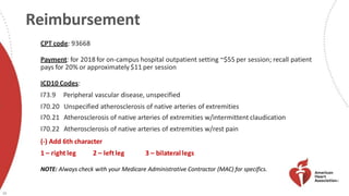 Reimbursement
26
CPT code: 93668
Payment: for 2018 for on-campus hospital outpatient setting ~$55 per session; recall patient
pays for 20% or approximately $11 per session
ICD10 Codes:
I73.9 Peripheral vascular disease, unspecified
I70.20 Unspecified atherosclerosis of native arteries of extremities
I70.21 Atherosclerosis of native arteries of extremities w/intermittent claudication
I70.22 Atherosclerosis of native arteries of extremities w/rest pain
(-) Add 6th character
1 – right leg 2 – leftleg 3 – bilaterallegs
NOTE: Always check with your Medicare Administrative Contractor (MAC) for specifics.
 