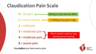 Claudication Pain Scale
Resting or early exercise effort
Where patient needs to stop
during exercise training
1st feeling of any pain in legs
35
0 = no pain
1 = onset of pain
2 = mild pain
3 = moderate pain
4 = moderate pain
5 = severe pain
Stop before you have severe pain.
 