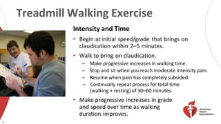 Treadmill Walking Exercise
36
Intensity and Time
• Begin at initial speed/grade that brings on
claudication within 2–5 minutes.
• Walk to bring on claudication.
̶ Make progressive increases in walking time.
̶ Stop and sit when you reach moderate intensity pain.
̶ Resume when pain has completely subsided.
̶ Continually repeat process for total time
(walking + resting) of 30–60 minutes.
• Make progressive increases in grade
and speed over time as walking
duration improves.
 