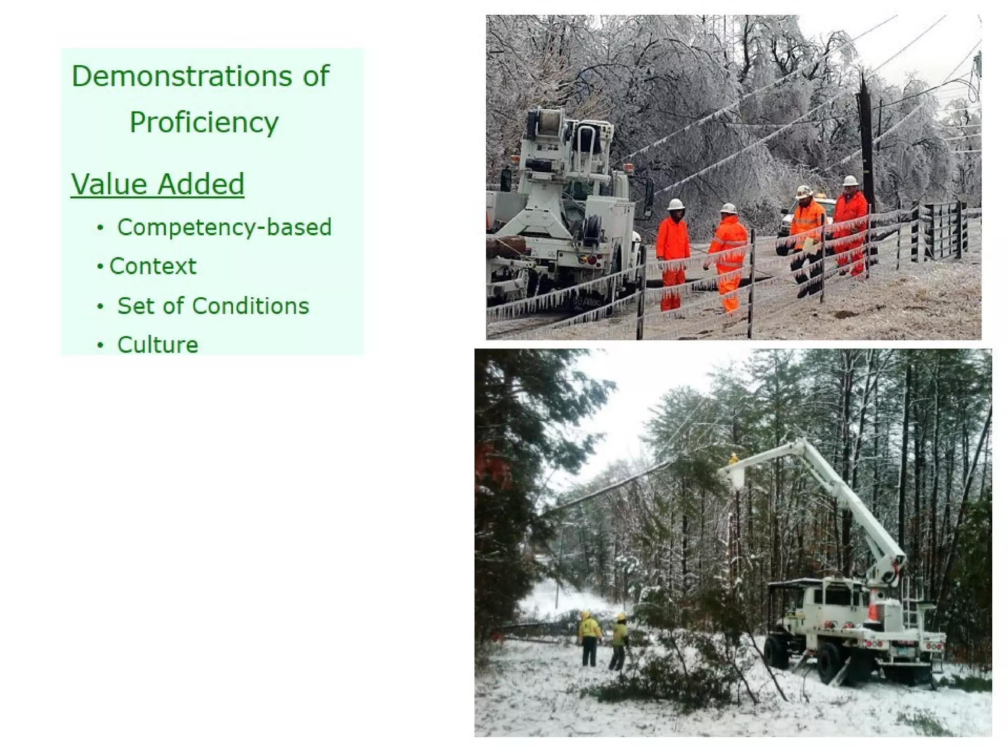 Demonstrations of
Proficiency
Value Added
• Competency-based
•Context
• Set of Conditions
• Culture

 