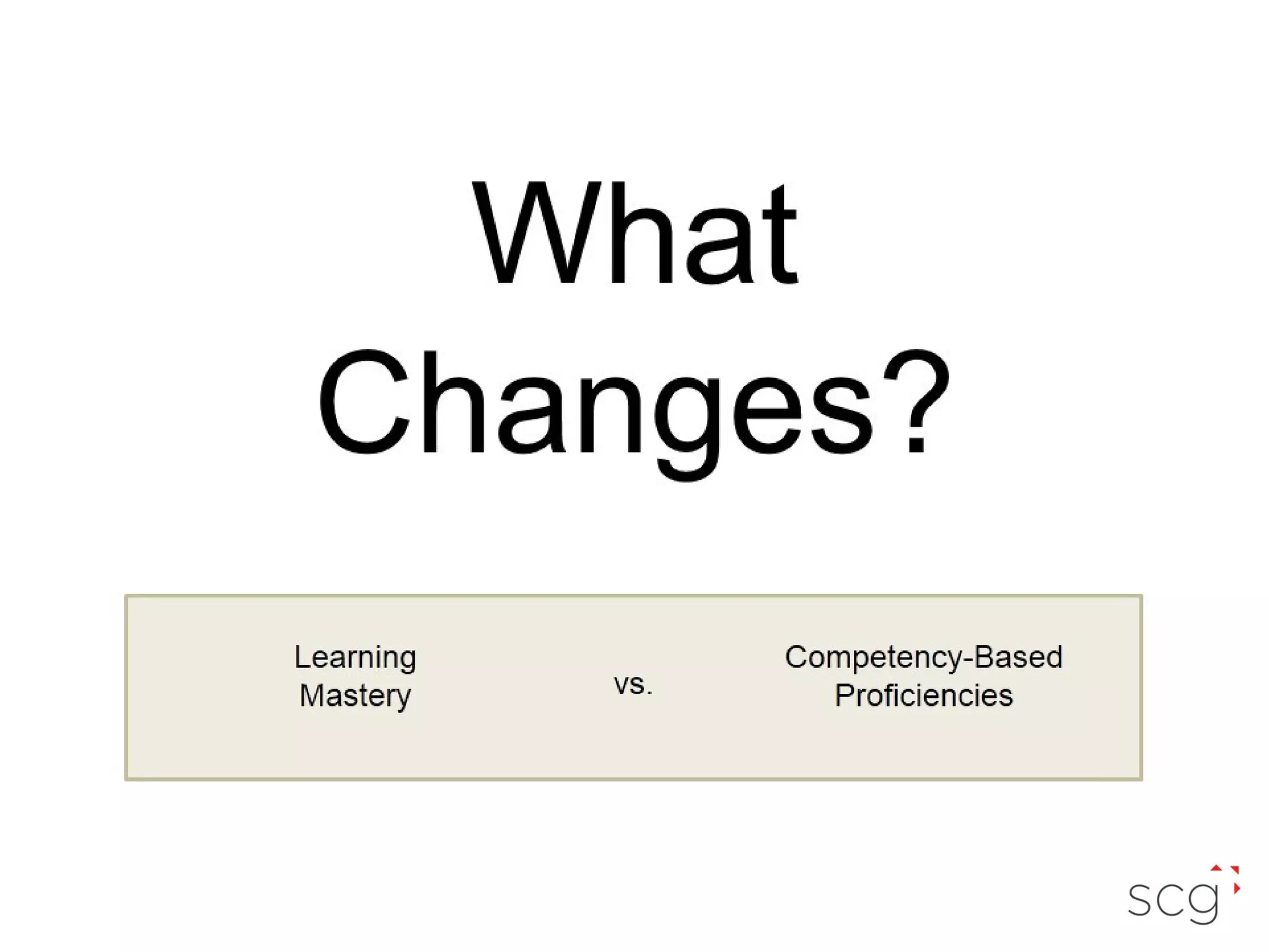 What
Changes?
Learning
Mastery

vs.

Competency-Based
Proficiencies

 