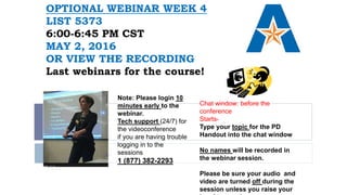 OPTIONAL WEBINAR WEEK 4
LIST 5373
6:00-6:45 PM CST
TUESDAY, MAY 3, 2016
OR VIEW THE RECORDING
Last webinars for the course!
Chat window: before the
conference
Starts-
Type your topic for the PD
Handout into the chat window
No names will be recorded in
the webinar session.
Please be sure your audio and
video are turned off during the
session unless you raise your
Note: Please login 10
minutes early to the
webinar.
Tech support (24/7) for
the videoconference
if you are having trouble
logging in to the
sessions
1 (877) 382-2293
 