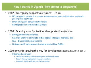 • 2007 : Emergency support to returnees (ECHO)
– FFS to support production: mosaic resistant cassava, seed multiplication, seed stocks,
grinding mills (technical)
– Small cash grant per group (financial)
– Reintegration in communities (social)
• 2008 : Opening eyes for livelihoods opportunities (DEVCO)
– Saving and Loans schemes
– Cash for Work to stimulate initial capital (storage, markets, etc)
– IGA – Diversification of income
– Linkages with development programmes (Gov, NGOs)
• 2009 onwards : paving the way for development (ECHO, Swi, DFID, Bel, …)
– Integrated appraoch
• Technical : CMDRR, AESA to identify risks and opportunities
• Social : literacy, legalization, inclusion, nutrition,
• Financial : linking with MFI, non farm activities
How it started in Uganda (from project to programme)
 