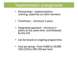 • Partnerships : implementation
,training, expertise on other domains
• Timeframe : minimum 2 years
• Integrated appraoch : minimum 2
pillars at the same time and followed
by the 3rd
• Can be based on ongoing programmes
• Cost per group : from 4,000 to 10,000
USD (150 to 300 USD per fam)
Implementation arrangements
 