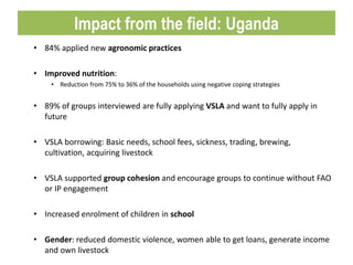 • 84% applied new agronomic practices
• Improved nutrition:
• Reduction from 75% to 36% of the households using negative coping strategies
• 89% of groups interviewed are fully applying VSLA and want to fully apply in
future
• VSLA borrowing: Basic needs, school fees, sickness, trading, brewing,
cultivation, acquiring livestock
• VSLA supported group cohesion and encourage groups to continue without FAO
or IP engagement
• Increased enrolment of children in school
• Gender: reduced domestic violence, women able to get loans, generate income
and own livestock
Impact from the field: Uganda
 
