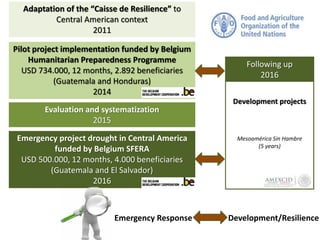 Adaptation of the “Caisse de Resilience” to
Central American context
2011
Pilot project implementation funded by Belgium
Humanitarian Preparedness Programme
USD 734.000, 12 months, 2.892 beneficiaries
(Guatemala and Honduras)
2014
Evaluation and systematization
2015
Emergency project drought in Central America
funded by Belgium SFERA
USD 500.000, 12 months, 4.000 beneficiaries
(Guatemala and El Salvador)
2016
Emergency Response Development/Resilience
Following up
2016
Development projects
Mesoamérica Sin Hambre
(5 years)
 