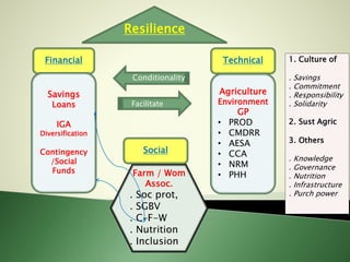 Farm / Wom
Assoc.
. Soc prot,
. SGBV
. C–F-W
. Nutrition
. Inclusion
Resilience
Conditionality
Facilitate
Financial Technical 1. Culture of
. Savings
. Commitment
. Responsibility
. Solidarity
2. Sust Agric
3. Others
. Knowledge
. Governance
. Nutrition
. Infrastructure
. Purch power
Social
Agriculture
Environment
GP
• PROD
• CMDRR
• AESA
• CCA
• NRM
• PHH
Savings
Loans
IGA
Diversification
Contingency
/Social
Funds
 