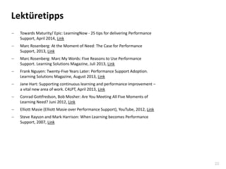 22
Lektüretipps
 Towards Maturity/ Epic: LearningNow - 25 tips for delivering Performance
Support, April 2014, Link
 Mar...