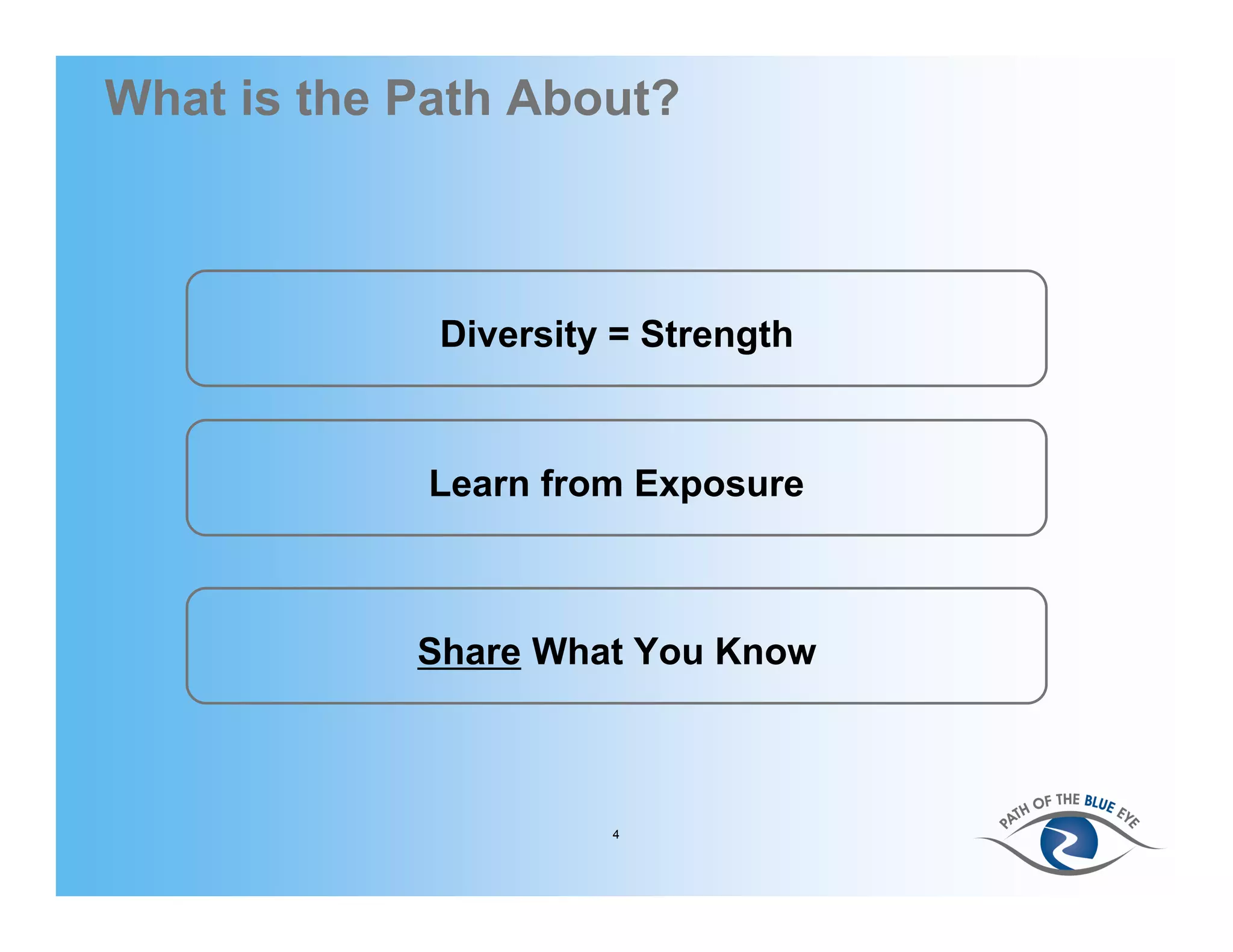 What is the Path About?



             Diversity = Strength


            Learn from Exposure



            Share What You Know



                      4
 