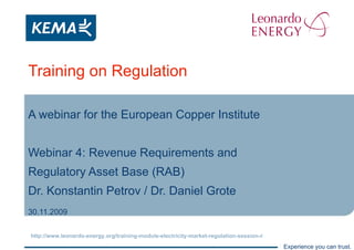 Training on Regulation A webinar for the European Copper Institute Webinar 4: Revenue Requirements and  Regulatory Asset Base (RAB) Dr. Konstantin Petrov / Dr. Daniel Grote 30.11.2009 
