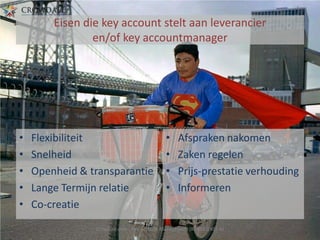 Eisen die key account stelt aan leverancier
en/of key accountmanager

•
•
•
•
•

Flexibiliteit
Snelheid
Openheid & transparantie
Lange Termijn relatie
Co-creatie

•
•
•
•

Afspraken nakomen
Zaken regelen
Prijs-prestatie verhouding
Informeren

Crowdale.com - Key Account Management (KAM201401-4)

 