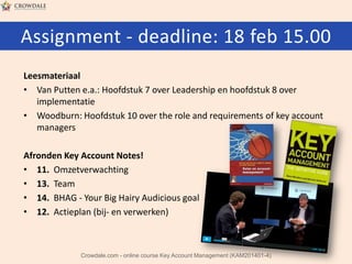 Assignment - deadline: 18 feb 15.00
Leesmateriaal
• Van Putten e.a.: Hoofdstuk 7 over Leadership en hoofdstuk 8 over
implementatie
• Woodburn: Hoofdstuk 10 over the role and requirements of key account
managers
Afronden Key Account Notes!
• 11. Omzetverwachting
• 13. Team
• 14. BHAG - Your Big Hairy Audicious goal
• 12. Actieplan (bij- en verwerken)

Crowdale.com - online course Key Account Management (KAM201401-4)

 