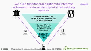 We build tools for organizations to integrate
self-owned, portable identity into their existing
systems
Credential Studio for
Organizations to Issue and
Verify Credentials
Managed API for
Developers to
Customize and
Automate
Built with
Open Source
sdks
Issue
r
Veriﬁer
Issued
Credential
Proof
Presentation
This presentation is released under a Creative Commons license. (CC BY-SA 4.0). SSIMeetup.org
 
