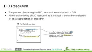 DID Resolution
SSIMeetup.orgReleased under a Creative Commons license. (CC BY-SA 4.0).
● The process of obtaining the DID document associated with a DID
● Rather than thinking of DID resolution as a protocol, it should be considered
an abstract function or algorithm
 
