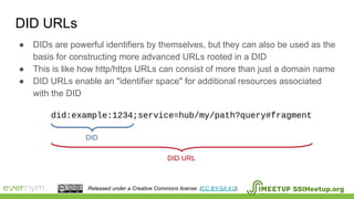 DID URLs
SSIMeetup.orgReleased under a Creative Commons license. (CC BY-SA 4.0).
● DIDs are powerful identifiers by themselves, but they can also be used as the
basis for constructing more advanced URLs rooted in a DID
● This is like how http/https URLs can consist of more than just a domain name
● DID URLs enable an "identifier space" for additional resources associated
with the DID
 