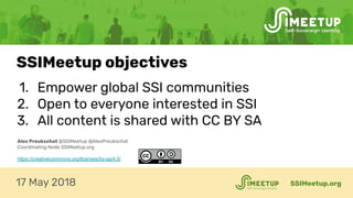 1. Empower global SSI communities
2. Open to everyone interested in SSI
3. All content is shared with CC BY SA
SSIMeetup.org
Alex Preukschat @SSIMeetup @AlexPreukschat
Coordinating Node SSIMeetup.org
https://creativecommons.org/licenses/by-sa/4.0/
SSIMeetup objectives
17 May 2018
 