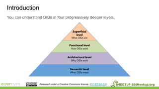 Introduction
SSIMeetup.orgReleased under a Creative Commons license. (CC BY-SA 4.0).
You can understand DIDs at four progressively deeper levels.
 