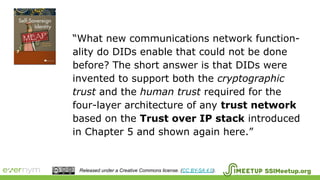 SSIMeetup.orgReleased under a Creative Commons license. (CC BY-SA 4.0).
“What new communications network function-
ality do DIDs enable that could not be done
before? The short answer is that DIDs were
invented to support both the cryptographic
trust and the human trust required for the
four-layer architecture of any trust network
based on the Trust over IP stack introduced
in Chapter 5 and shown again here.”
 