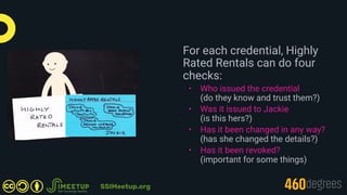 For each credential, Highly
Rated Rentals can do four
checks:
• Who issued the credential
(do they know and trust them?)
•...
