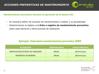 ACCIONES PREVENTIVAS DE MANTENIMIENTO


Mantenimiento preventivo durante la operación de la planta (II)


        Es necesario definir las acciones de mantenimiento a realizar y su periodicidad
        Posteriormente se elabora una ficha o registro de mantenimiento preventivo
         sobre cada elemento y fecha prevista de realización.




                  Ejemplo: Calendario mantenimiento preventivo 20XX

                    ACTUACIÓN                     PERIODICIDAD            FECHA PREVISTA

         VERIFICACION ESTADO DE CABLEADO               ANUAL                 dd/mm/yyyy

               REAPRIETE DE BORNAS                     ANUAL                 dd/mm/yyyy

                         …                               …                        …




34
 