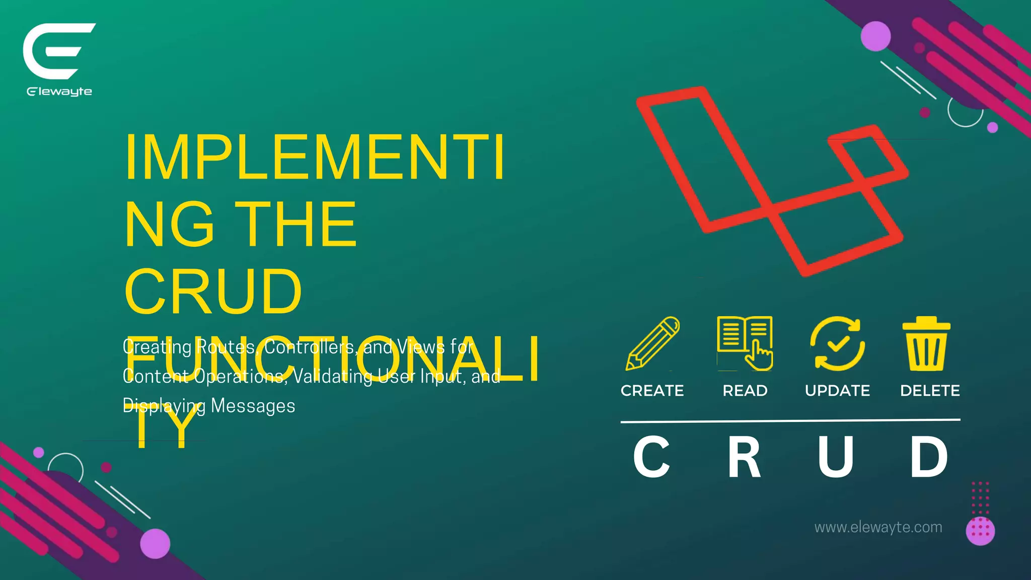 IMPLEMENTI
NG THE
CRUD
FUNCTIONALI
TY
CREATE READ UPDATE DELETE
C R U D
 