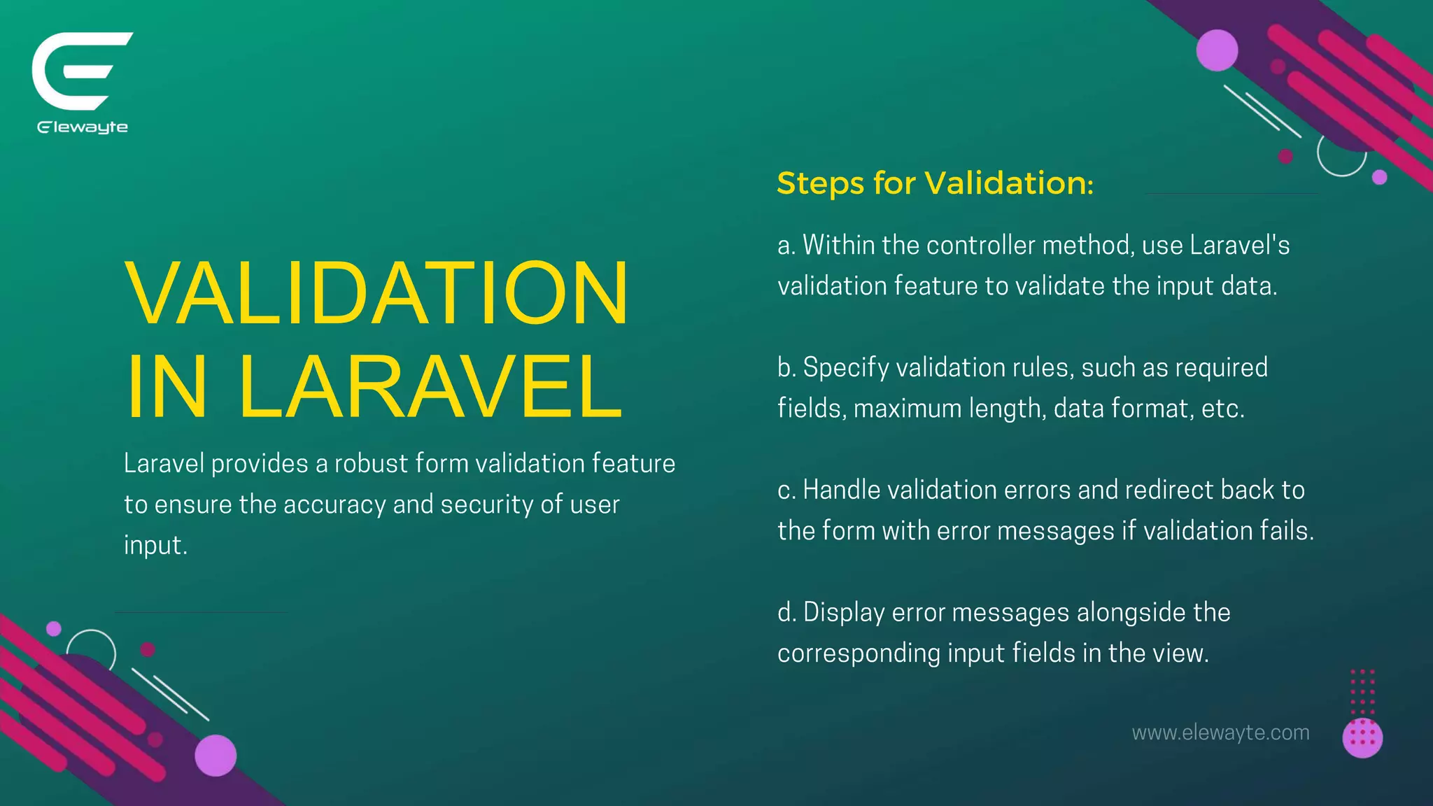 VALIDATION
IN LARAVEL
Steps for Validation:
 