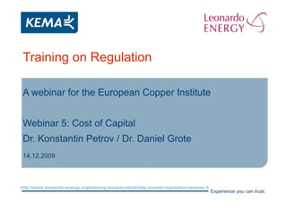 Training on Regulation A webinar for the European Copper Institute Webinar 5: Cost of Capital Dr. Konstantin Petrov / Dr. Daniel Grote 14.12.2009 