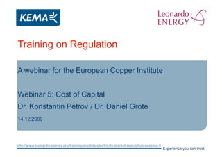 Experience you can trust.
http://www.leonardo-energy.org/training-module-electricity-market-regulation-session-5
Training on Regulation
A webinar for the European Copper Institute
Webinar 5: Cost of Capital
Dr. Konstantin Petrov / Dr. Daniel Grote
14.12.2009
 