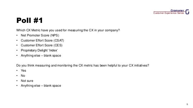 Gramener
Customer Experience Series
5
Poll #1
Which CX Metric have you used for measuring the CX in your company?
• Net Promoter Score (NPS)
• Customer Effort Score (CSAT)
• Customer Effort Score (CES)
• Proprietary Delight ‘Index’
• Anything else – blank space
Do you think measuring and monitoring the CX metric has been helpful to your CX initiatives?
• Yes
• No
• Not sure
• Anything else – blank space
 