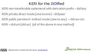 KERI for the DIDiﬁed
KERI non-transferable ephemeral with derivation preﬁx ~ did:key
KERI private direct mode (one-to-one)...