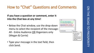 How to “Chat” Questions and Comments
If you have a question or comment, enter it
into the Chat box at any time!
• Below the Chat window, use the drop-down
menu to select the recipient of the message:
All - Entire Audience OR Organizers only
(Megan & Carrie)
• Type your message in the text field, then
click Send.
ONTHEROADTOPROSPERITY
 