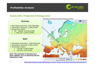 Profitability Analysis


Inputs (III). Production & Energy price

                 Germany

     Estimated production: 950 kWh/kWp
     Subvention (ground): 0,284 €/kWh
     Subvention (roof):
         30 – 100kW: 0,3723 €/kWh
         > 1000 kW: 0,2937 €/kWh



                    Spain

     Estimated production: 1350 kWh/kWp
     Subvention (ground): 0,265 €/kWh
     Subvention (roof):
           >20 kW: 0,295 €/kWh
           <20 kW: 0,33 €/kWh

Note: The production in Germany has a
lower radiation, but it is favored by the low
temperature losses

20
                      http://www.leonardo-energy.org/training-pv-systems-design-construction-operation-and-maintenance
 