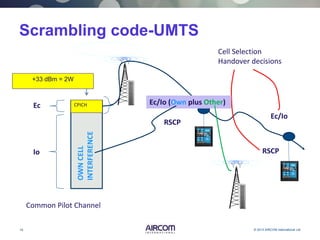 19 © 2013 AIRCOM International Ltd
Scrambling code-UMTS
+33 dBm = 2W
CPICH
RSCP
Common Pilot Channel
Ec
Io
OWNCELL
INTERFERENCE
RSCP
Ec/Io
Cell Selection
Handover decisions
Ec/Io (Own plus Other)
 