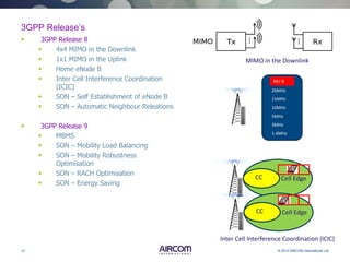 31 © 2013 AIRCOM International Ltd
3GPP Release’s
 3GPP Release 8
 4x4 MIMO in the Downlink
 1x1 MIMO in the Uplink
 Home eNode B
 Inter Cell Interference Coordination
(ICIC)
 SON – Self Establishment of eNode B
 SON – Automatic Neighbour Releations
 3GPP Release 9
 MBMS
 SON – Mobility Load Balancing
 SON – Mobility Robustness
Optimisation
 SON – RACH Optimisation
 SON – Energy Saving
20MHz
15MHz
10MHz
5MHz
3MHz
1.4MHz
REL’8
CC Cell Edge
CC Cell Edge
Inter Cell Interference Coordination (ICIC)
MIMO in the Downlink
 