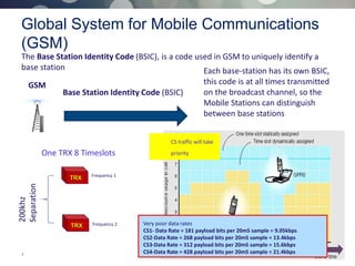 7 © 2013 AIRCOM International Ltd
Global System for Mobile Communications
(GSM)
The Base Station Identity Code (BSIC), is a code used in GSM to uniquely identify a
base station Each base-station has its own BSIC,
this code is at all times transmitted
on the broadcast channel, so the
Mobile Stations can distinguish
between base stations
Base Station Identity Code (BSIC)
GSM
TRX
200khz
Separation
Frequency 1
Frequency 2
TRX
One TRX 8 Timeslots
CS traffic will take
priority
Very poor data rates
CS1- Data Rate = 181 payload bits per 20mS sample = 9.05kbps
CS2-Data Rate = 268 payload bits per 20mS sample = 13.4kbps
CS3-Data Rate = 312 payload bits per 20mS sample = 15.6kbps
CS4-Data Rate = 428 payload bits per 20mS sample = 21.4kbps
 
