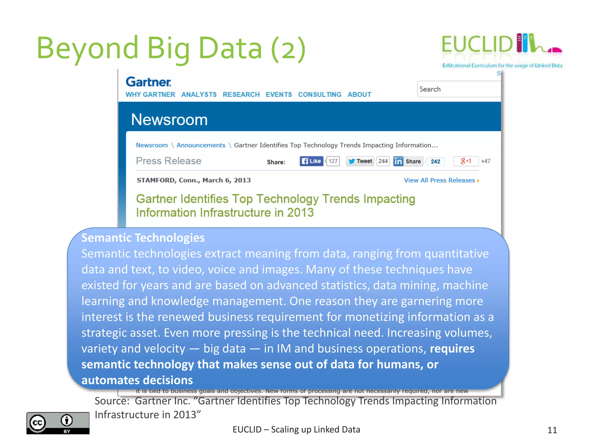 11
Source: Gartner Inc. “Gartner Identifies Top Technology Trends Impacting Information
Infrastructure in 2013”
EUCLID – Scaling up Linked Data
Semantic Technologies
Semantic technologies extract meaning from data, ranging from quantitative
data and text, to video, voice and images. Many of these techniques have
existed for years and are based on advanced statistics, data mining, machine
learning and knowledge management. One reason they are garnering more
interest is the renewed business requirement for monetizing information as a
strategic asset. Even more pressing is the technical need. Increasing volumes,
variety and velocity — big data — in IM and business operations, requires
semantic technology that makes sense out of data for humans, or
automates decisions
Beyond Big Data (2)
 