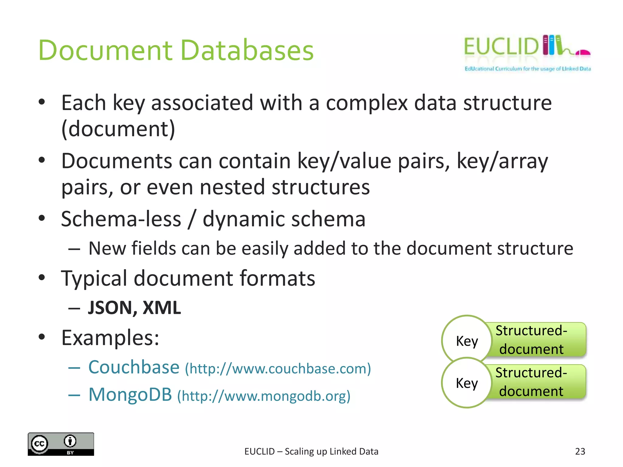 Document Databases
23
• Each key associated with a complex data structure
(document)
• Documents can contain key/value pairs, key/array
pairs, or even nested structures
• Schema-less / dynamic schema
– New fields can be easily added to the document structure
• Typical document formats
– JSON, XML
• Examples:
– Couchbase (http://www.couchbase.com)
– MongoDB (http://www.mongodb.org)
Structured-
document
Key
Structured-
document
Key
EUCLID – Scaling up Linked Data
 