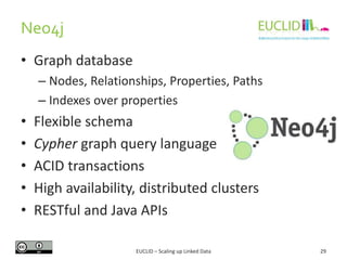 Neo4j
29
• Graph database
– Nodes, Relationships, Properties, Paths
– Indexes over properties
• Flexible schema
• Cypher graph query language
• ACID transactions
• High availability, distributed clusters
• RESTful and Java APIs
EUCLID – Scaling up Linked Data
 