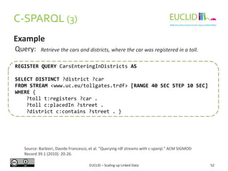 C-SPARQL (3)
52
Example
REGISTER QUERY CarsEnteringInDistricts AS
SELECT DISTINCT ?district ?car
FROM STREAM <www.uc.eu/tollgates.trdf> [RANGE 40 SEC STEP 10 SEC]
WHERE {
?toll t:registers ?car .
?toll c:placedIn ?street .
?district c:contains ?street . }
Query: Retrieve the cars and districts, where the car was registered in a toll.
Source: Barbieri, Davide Francesco, et al. "Querying rdf streams with c-sparql." ACM SIGMOD
Record 39.1 (2010): 20-26.
EUCLID – Scaling up Linked Data
 