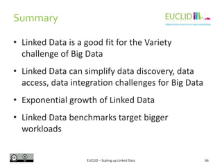 Summary
66
• Linked Data is a good fit for the Variety
challenge of Big Data
• Linked Data can simplify data discovery, data
access, data integration challenges for Big Data
• Exponential growth of Linked Data
• Linked Data benchmarks target bigger
workloads
EUCLID – Scaling up Linked Data
 