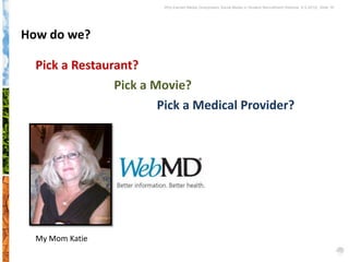 Why Earned Media Overpowers Social Media in Student Recruitment Webinar 6.5.2012| Slide 16




How do we?

  Pick a Restaurant?
                Pick a Movie?
                        Pick a Medical Provider?




  My Mom Katie
 