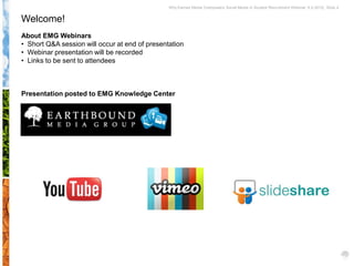 Why Earned Media Overpowers Social Media in Student Recruitment Webinar 6.5.2012| Slide 4


Welcome!
About EMG Webinars
• Short Q&A session will occur at end of presentation
• Webinar presentation will be recorded
• Links to be sent to attendees



Presentation posted to EMG Knowledge Center
 