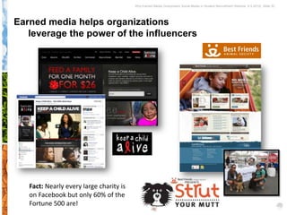 Why Earned Media Overpowers Social Media in Student Recruitment Webinar 6.5.2012| Slide 52




Earned media helps organizations
   leverage the power of the influencers




   Fact: Nearly every large charity is
   on Facebook but only 60% of the
   Fortune 500 are!
 