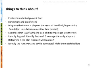 Why Earned Media Overpowers Social Media in Student Recruitment Webinar 6.5.2012| Slide 66




Things to think about!

•   Explore brand misalignment first!
•   Benchmark and experiment
•   Diagnose the Funnel – pinpoint the areas of need/risk/opportunity
•    Reputation Intel/Measurement (or lack thereof)
•   Explore search (SEO/SEM) and paid and its impact (or lack there of)
•   Identify Rogues! Identify Partners! Encourage the early adopters!
•   Determine if the plan feasible? Measurable?
•   Identify the naysayers and devil’s advocates? Make them stakeholders
 