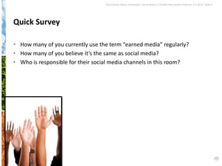 Why Earned Media Overpowers Social Media in Student Recruitment Webinar 6.5.2012| Slide 9




Quick Survey

• How many of you currently use the term “earned media” regularly?
• How many of you believe it’s the same as social media?
• Who is responsible for their social media channels in this room?
 
