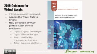 ● Introduces global framework
● Applies the Travel Rule to
Crypto
● New deﬁnition of VASP
(Virtual Asset Service
Providers...