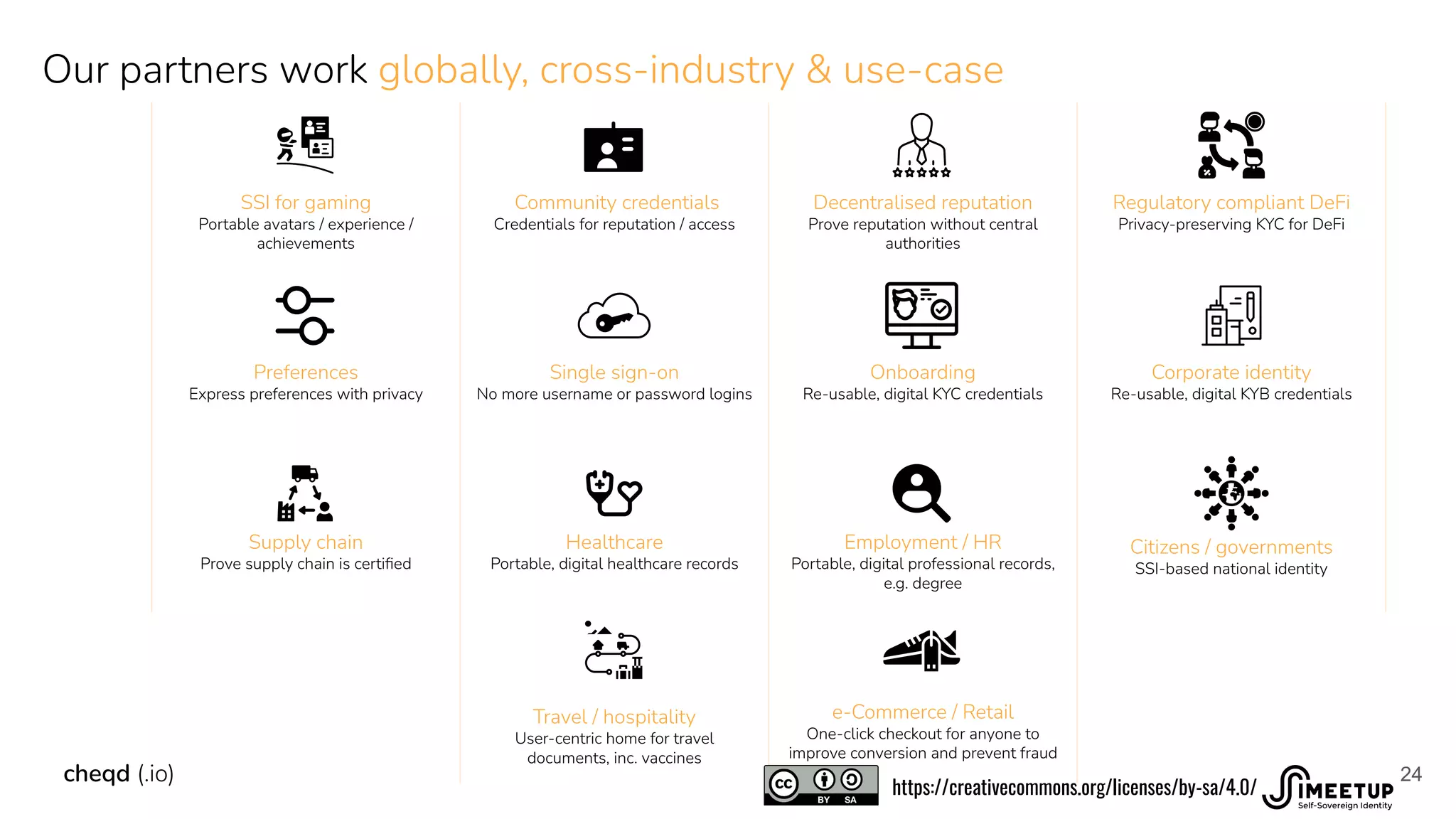 Our partners work globally, cross-industry & use-case
24
cheqd (.io)
SSI for gaming
Portable avatars / experience /
achievements
Community credentials
Credentials for reputation / access
Decentralised reputation
Prove reputation without central
authorities
Regulatory compliant DeFi
Privacy-preserving KYC for DeFi
Preferences
Express preferences with privacy
Single sign-on
No more username or password logins
Onboarding
Re-usable, digital KYC credentials
Corporate identity
Re-usable, digital KYB credentials
Supply chain
Prove supply chain is certiﬁed
Healthcare
Portable, digital healthcare records
Employment / HR
Portable, digital professional records,
e.g. degree
Citizens / governments
SSI-based national identity
Travel / hospitality
User-centric home for travel
documents, inc. vaccines
e-Commerce / Retail
One-click checkout for anyone to
improve conversion and prevent fraud
https://creativecommons.org/licenses/by-sa/4.0/
 